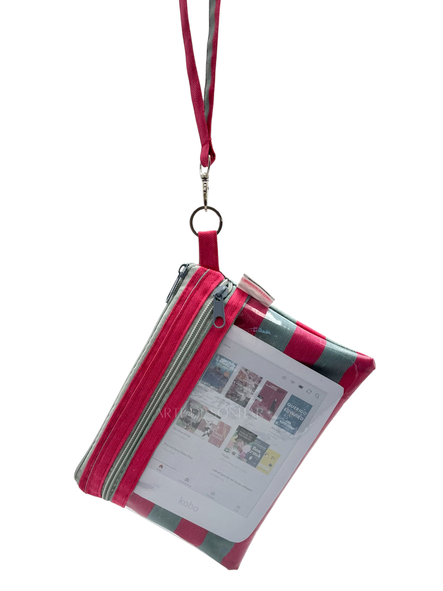Bolsa de telemóvel/kobo de mão com riscas rosa e cinza tamanho L