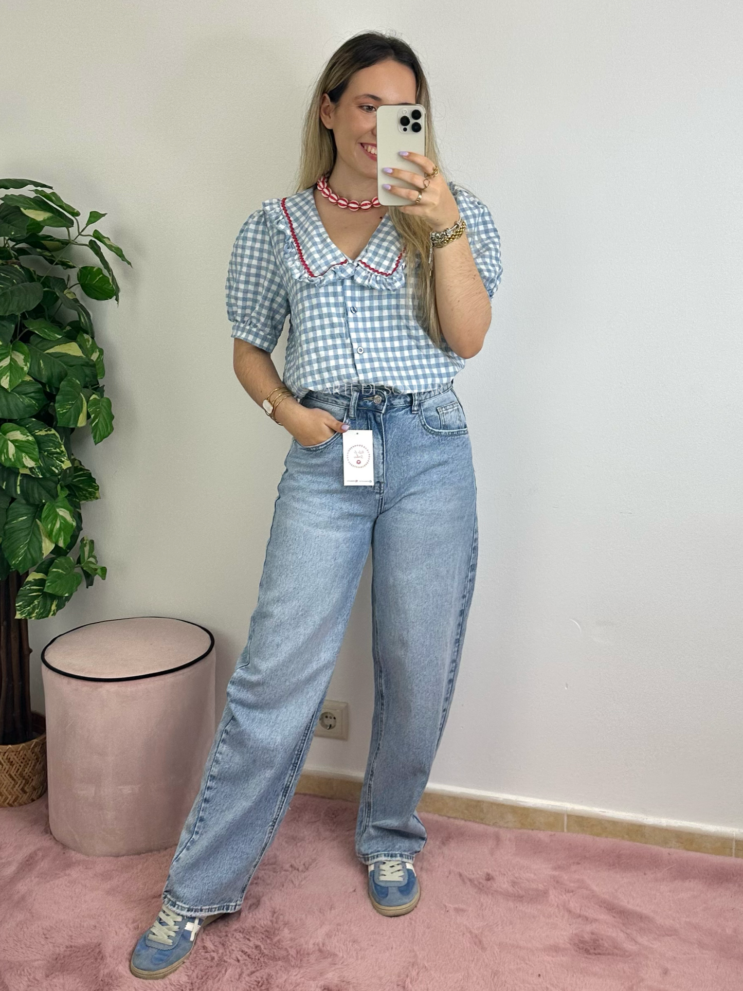Camisa vichy azul com folhinhos