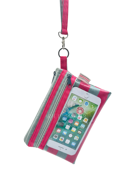 Bolsa de telemóvel de pescoço com riscas rosa e cinza tamanho M