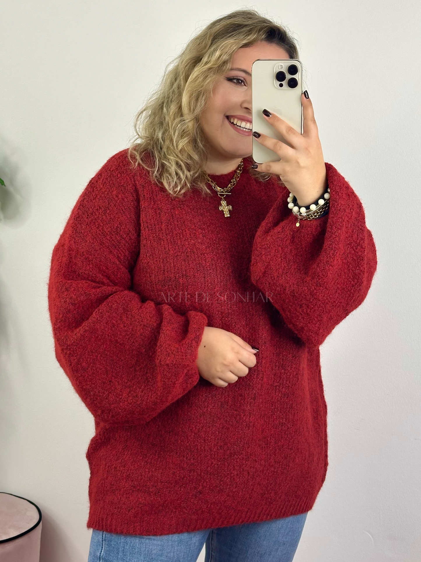 Camisola de malha vermelha oversize