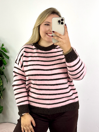 Camisola fofinha de riscas rosa e castanhas