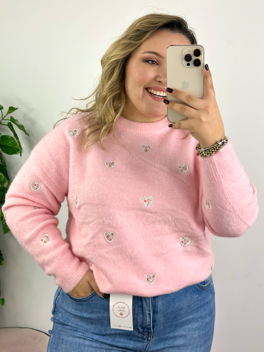 Camisola de malha rosa com corações e flores