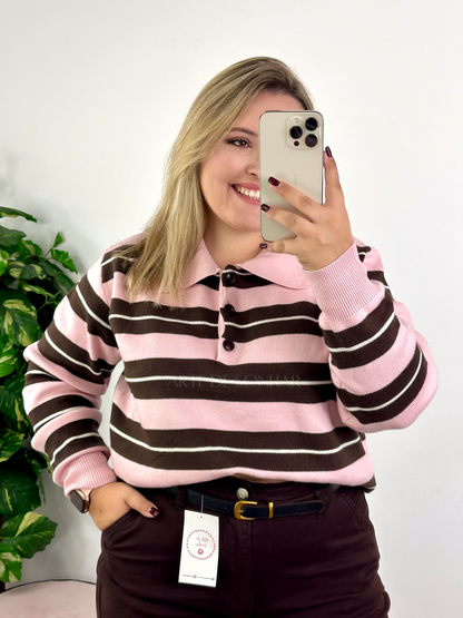 Polo de riscas rosa e castanho