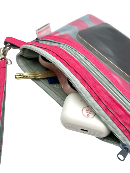 Bolsa de telemóvel/kobo de mão com riscas rosa e cinza tamanho L