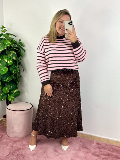 Saia castanha de lantejoulas