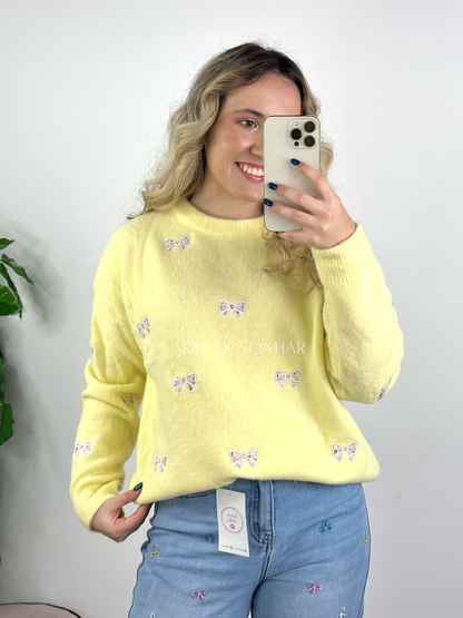 Camisola de malha amarela com laços e flores