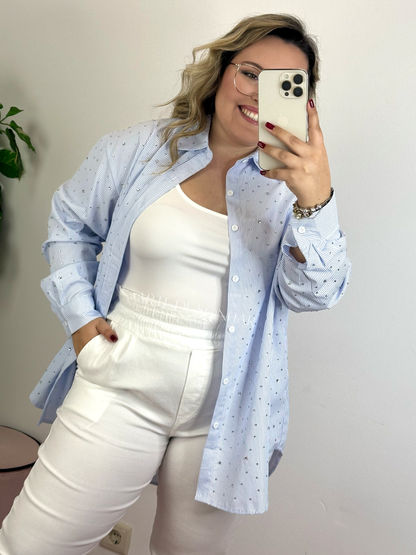 Camisa de riscas com cristais azul clara