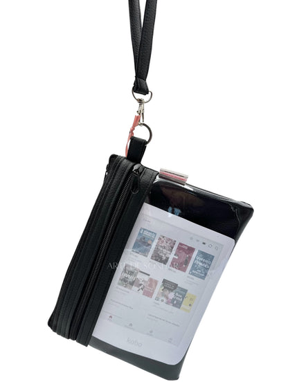 Bolsa de telemóvel/kobo de mão de napa preta tamanho L