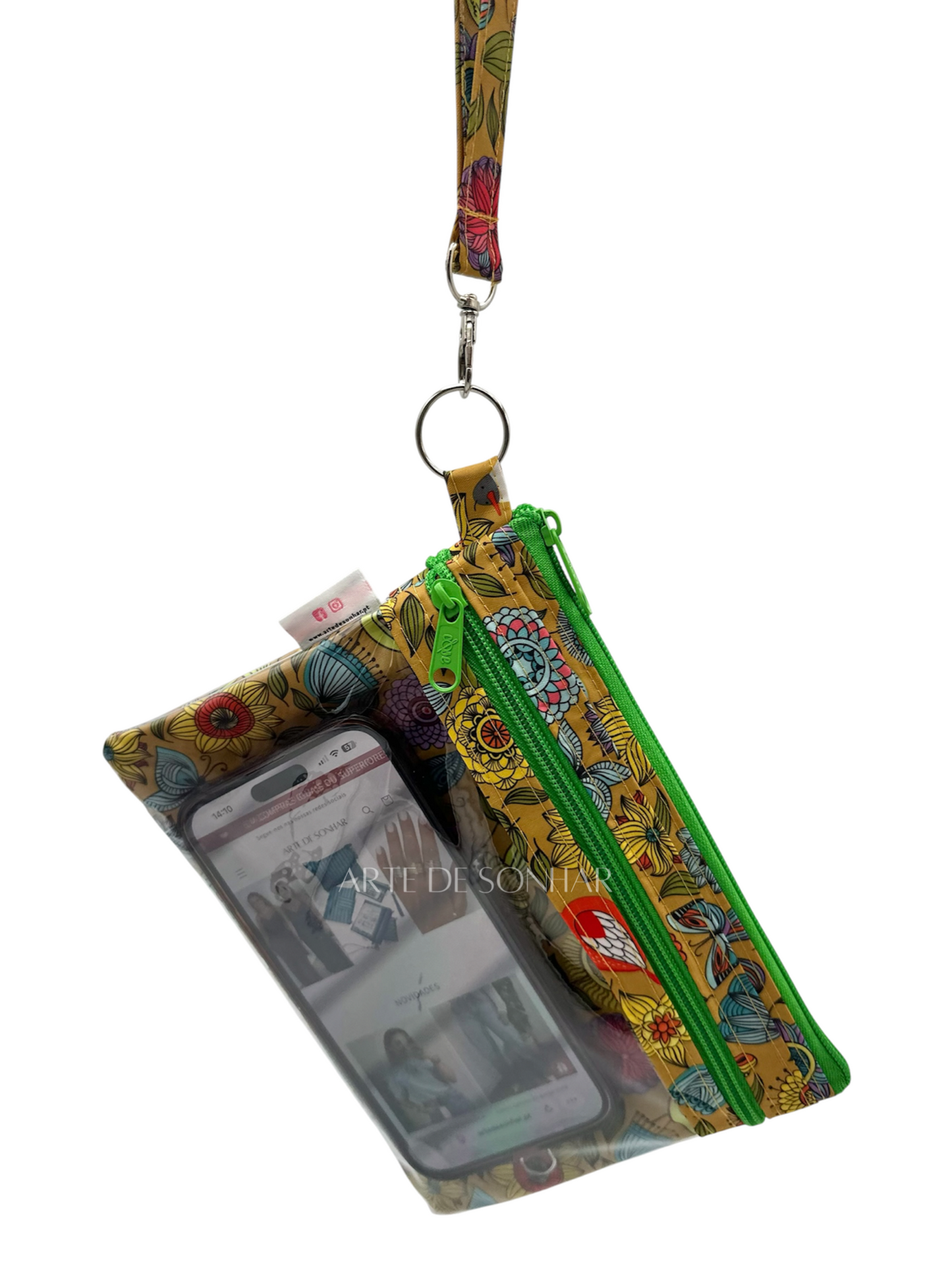 Bolsa de telemóvel/kobo de mão dupla amarela com borboletas e flores com fechos verdes tamanho L