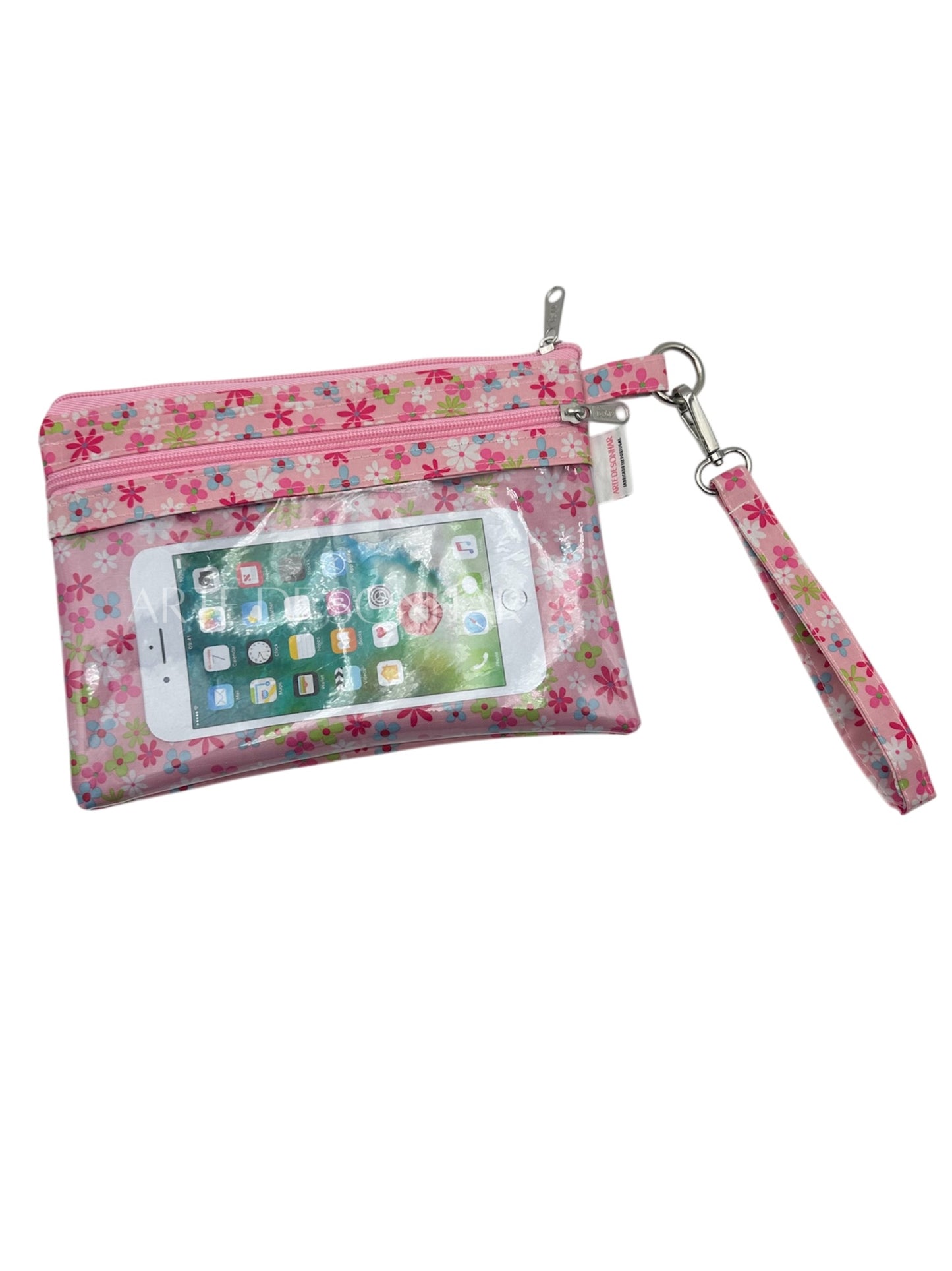 Bolsa de telemóvel/kobo de mão de flores rosa tamanho L