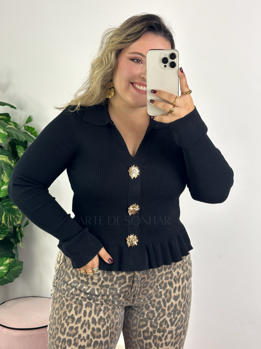 Camisola de malha com folhos preta