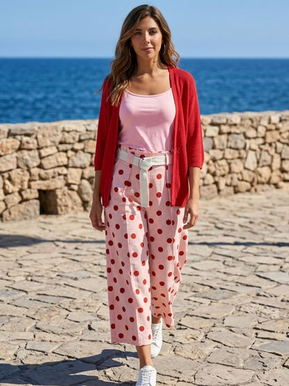 Calças balloon com bolinhas rosa e vermelho