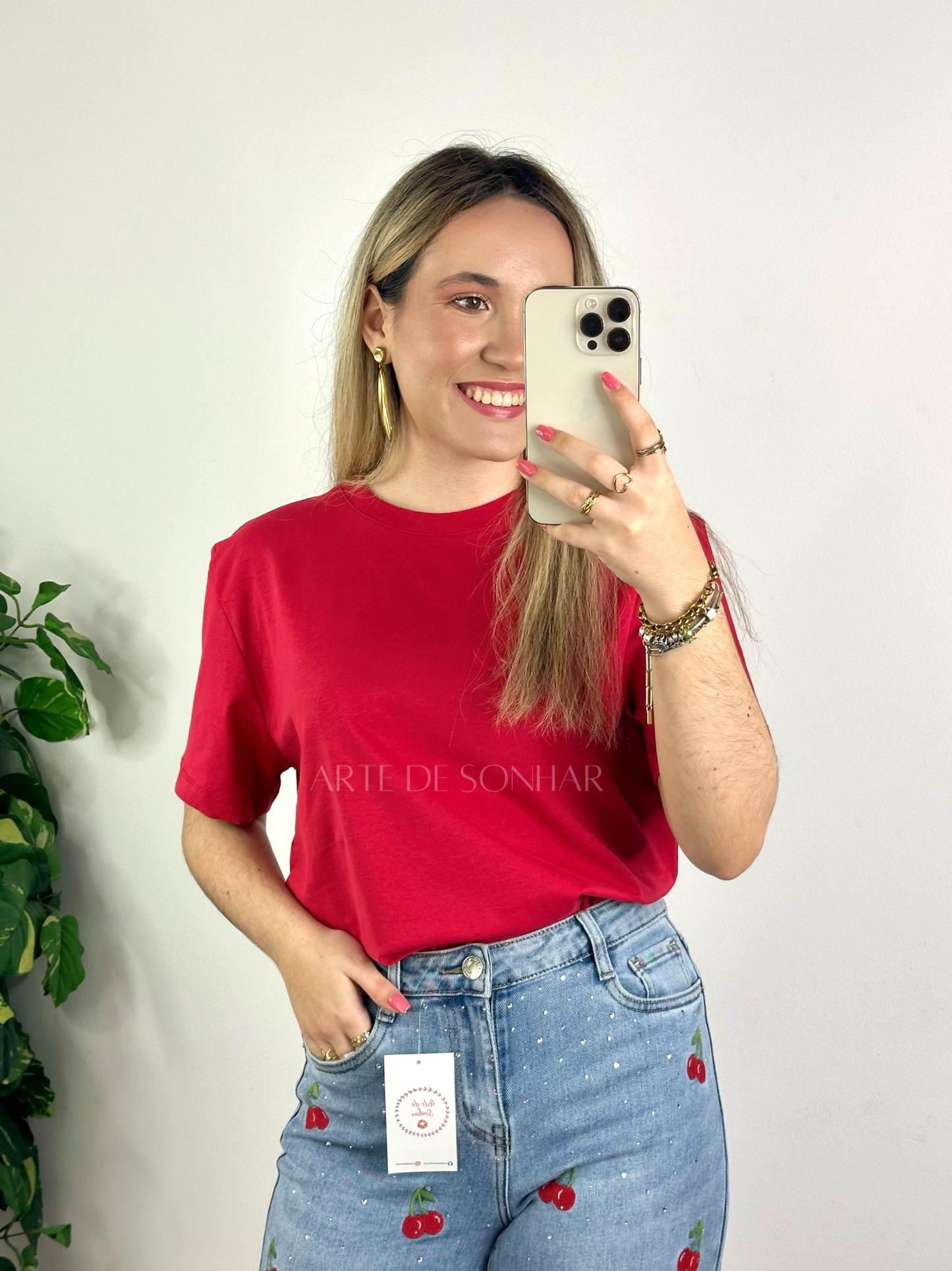 T-shirt de gola redonda vermelha