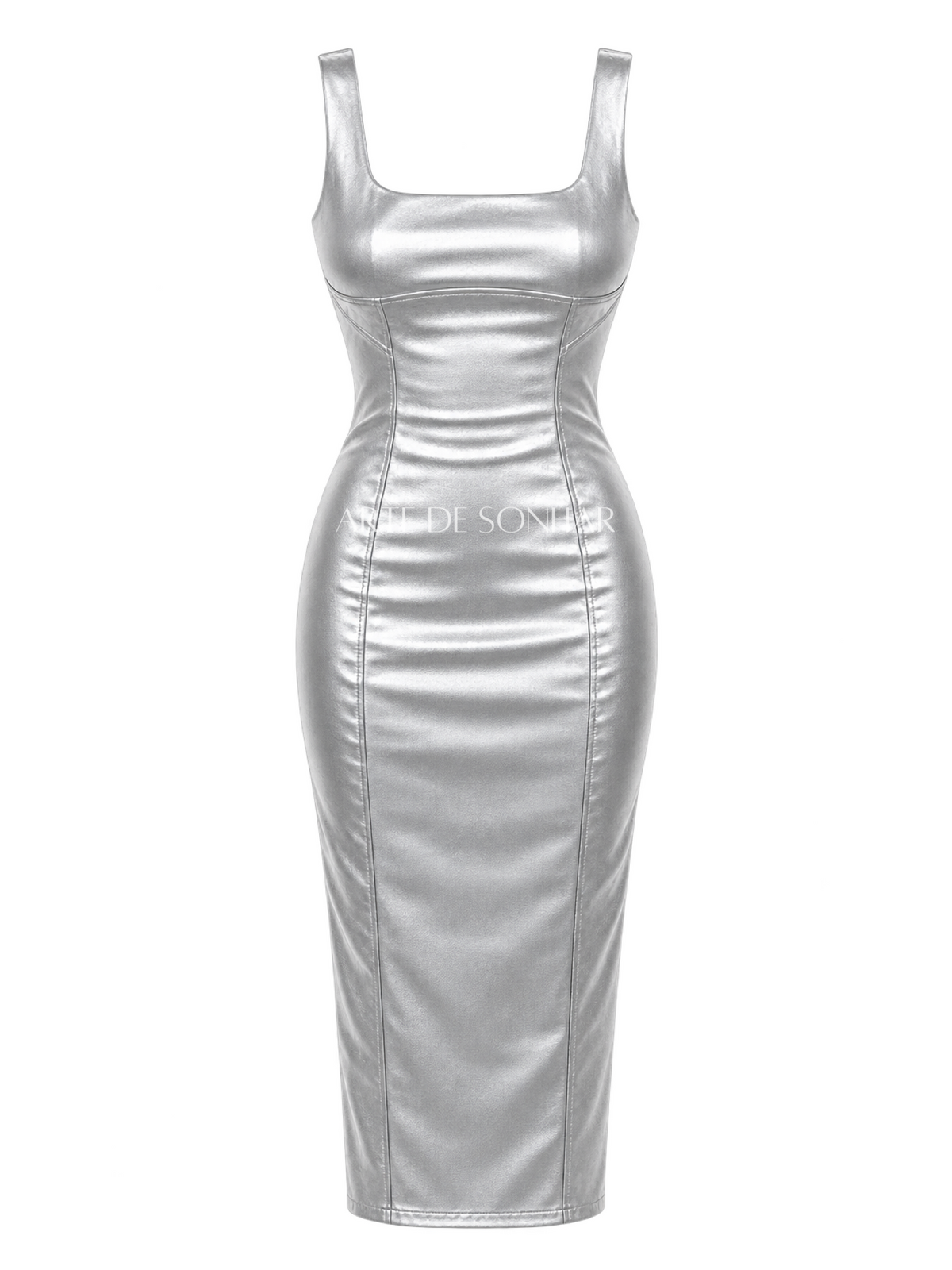 Vestido napa justo comprido com alça