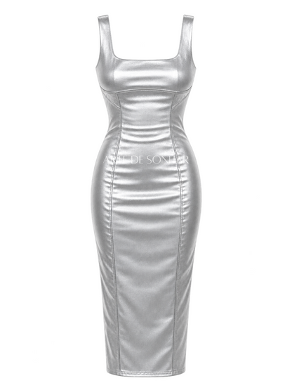 Vestido napa justo comprido com alça