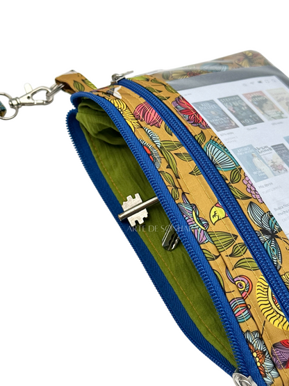 Bolsa de telemóvel/kobo de mão dupla amarela com borboletas e flores com fechos azuis tamanho L