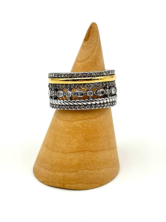 Anel efeito seis anéis prateado e dourado