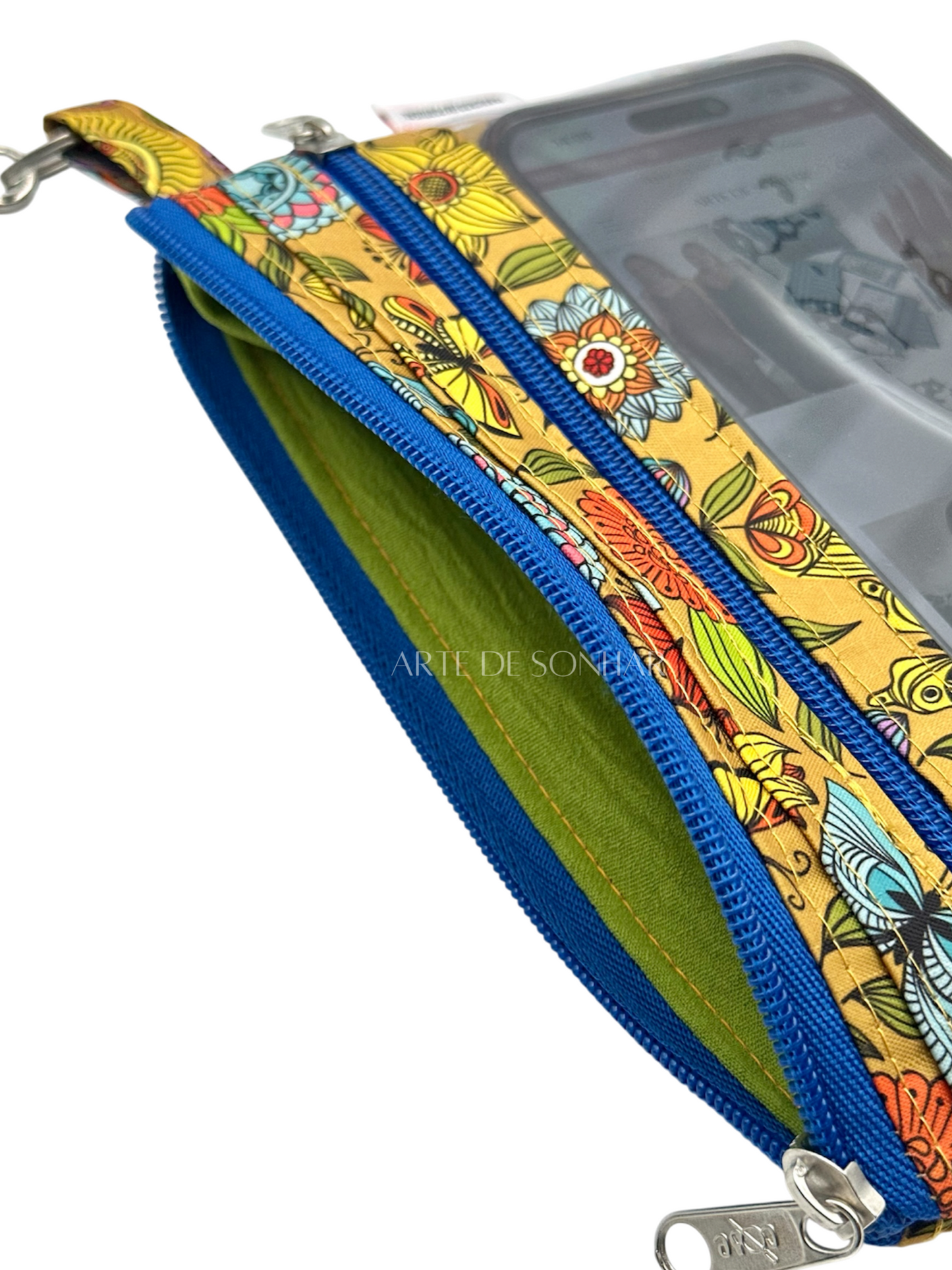Bolsa de telemóvel de mão dupla amarela com borboletas e flores com fechos azuis tamanho M