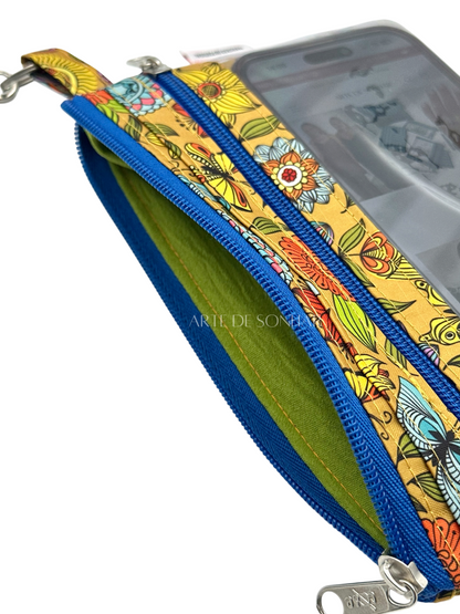 Bolsa de telemóvel de mão dupla amarela com borboletas e flores com fechos azuis tamanho M