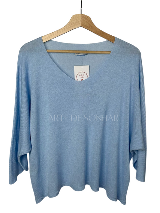 Camisola com manga a três quartos azul claro