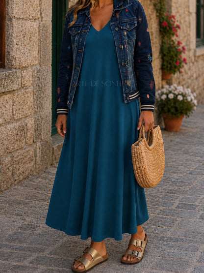 Vestido de malha fria azul petróleo