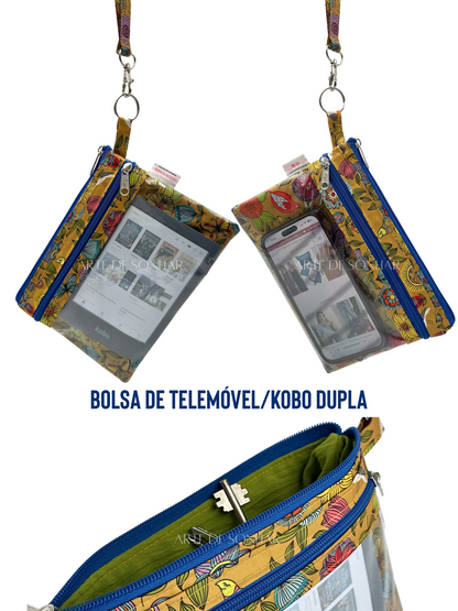 Bolsa de telemóvel/kobo de mão dupla amarela com borboletas e flores com fechos azuis tamanho L