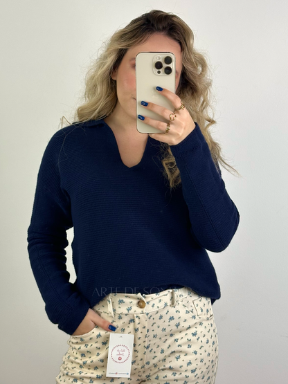 Camisola polo com malha riscada