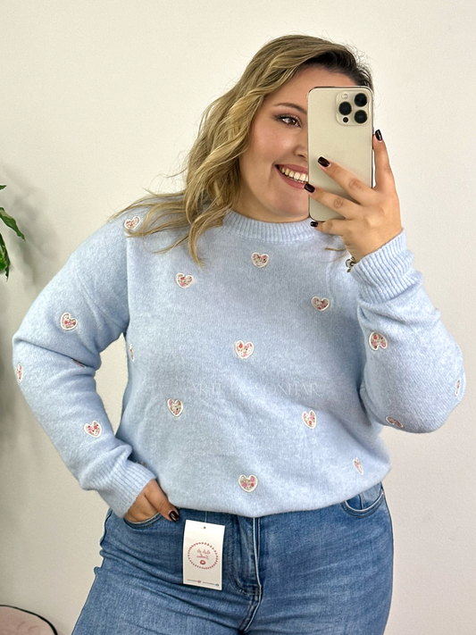 Camisola de malha azul com corações e flores