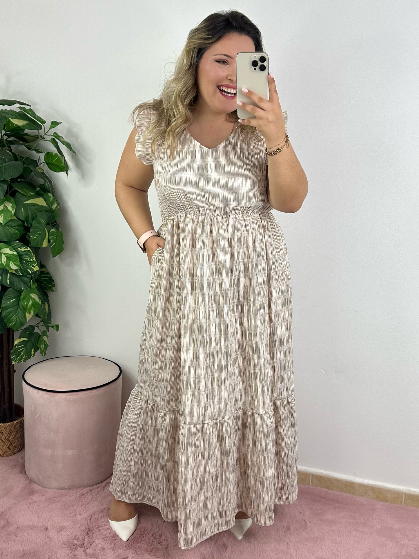 Vestido de riscas bege