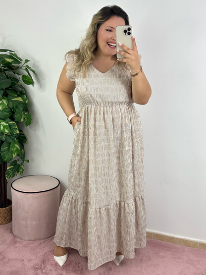 Vestido de riscas bege