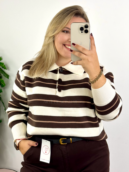 Polo de riscas bege e castanho