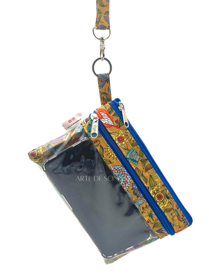 Bolsa de telemóvel de mão dupla amarela com borboletas e flores com fechos azuis tamanho M