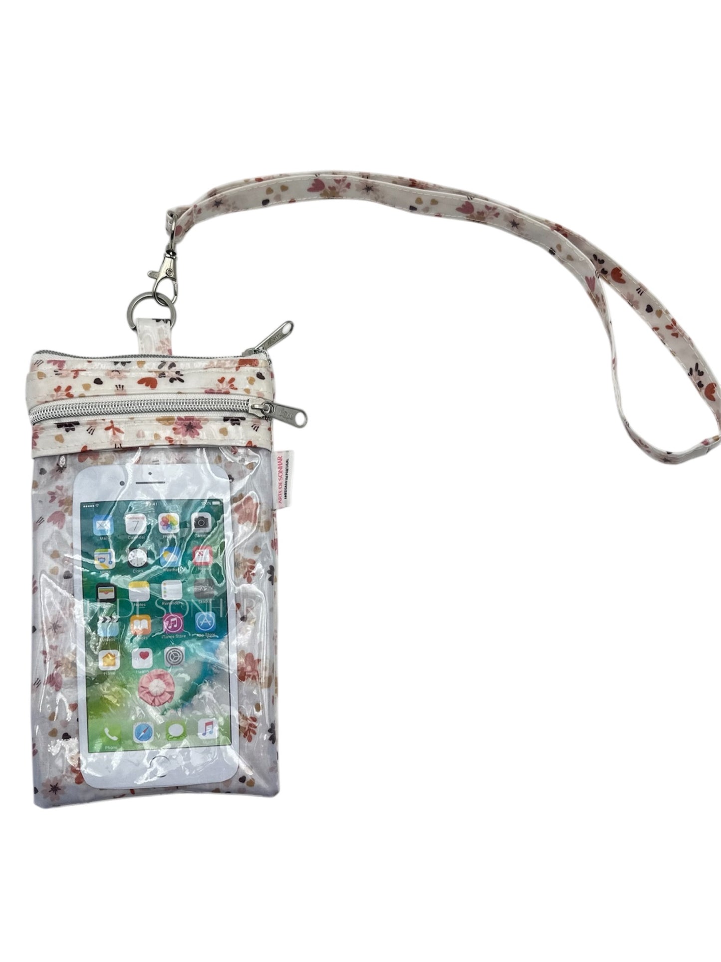 Bolsa de telemóvel de pescoço com flores camel tamanho L