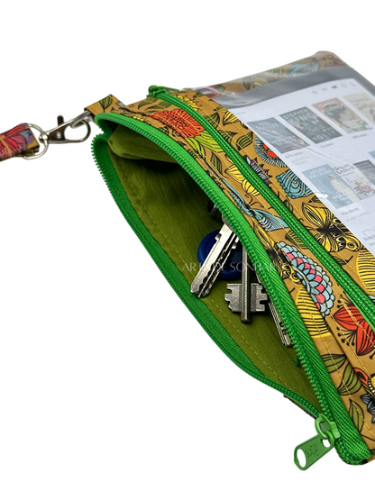 Bolsa de telemóvel/kobo de mão dupla amarela com borboletas e flores com fechos verdes tamanho L