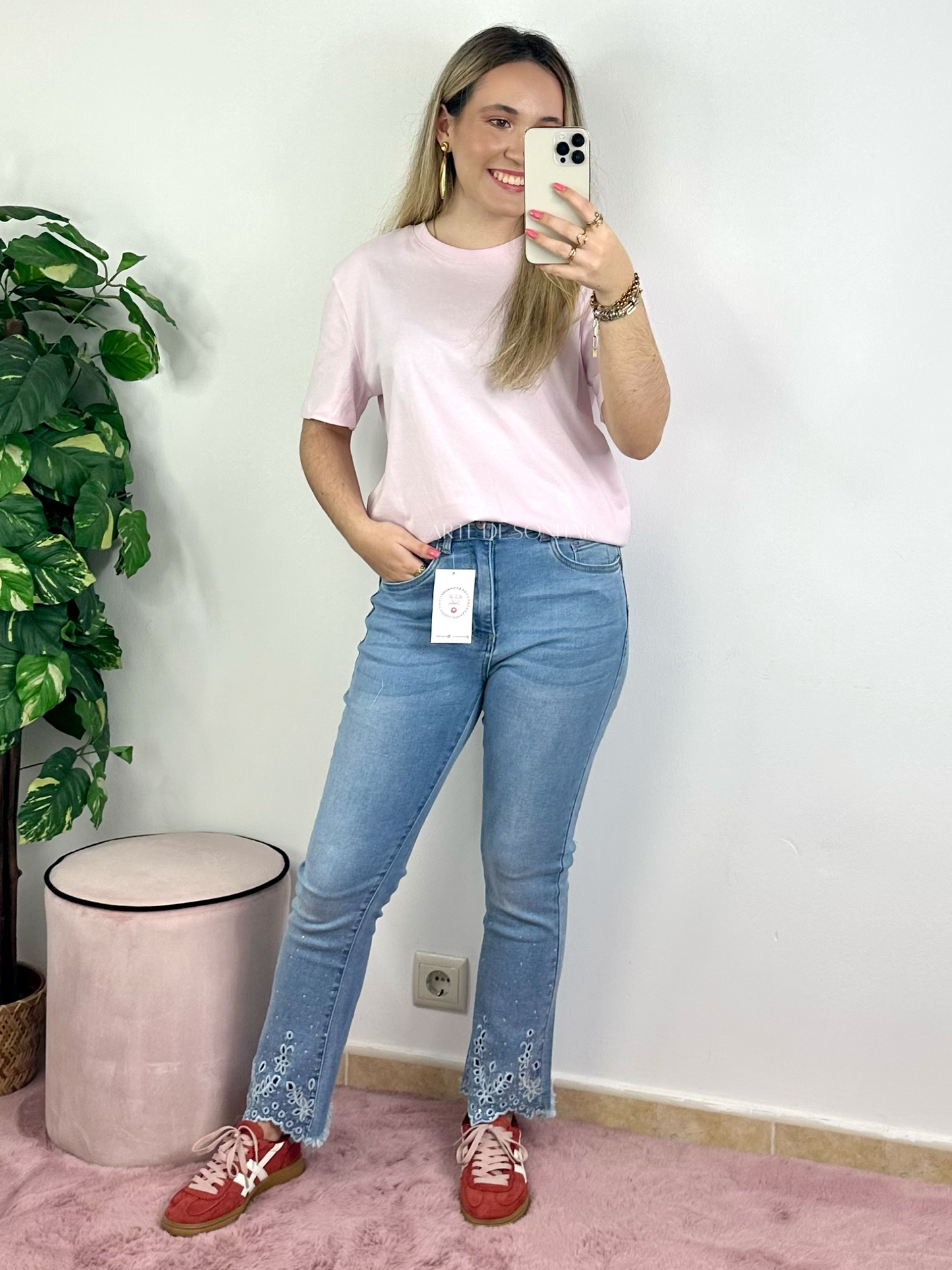 T-shirt de gola redonda rosa