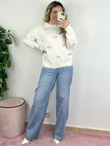 Camisola de malha branca com laços e flores