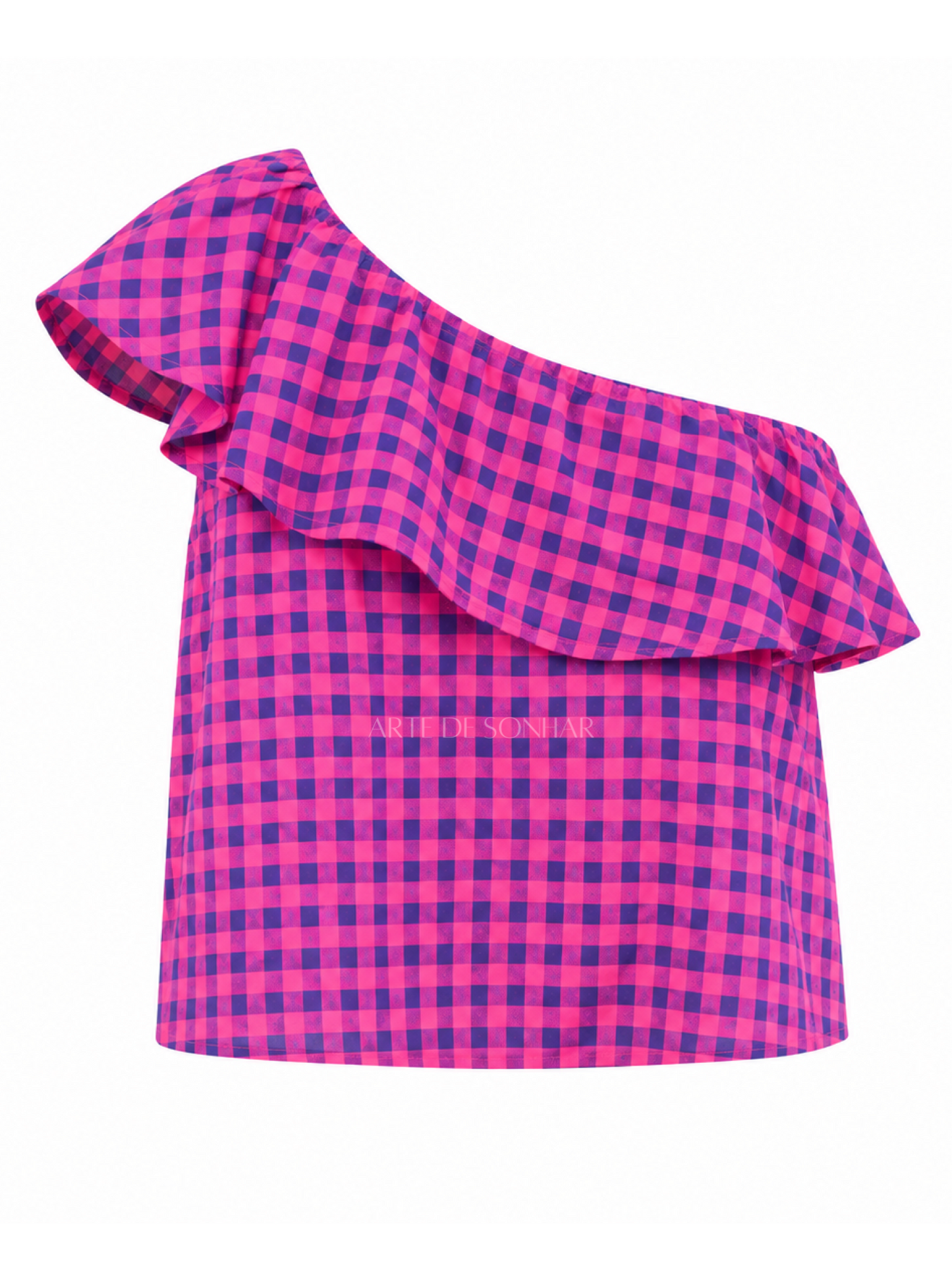 Top assimétrico com folho rosa e azul