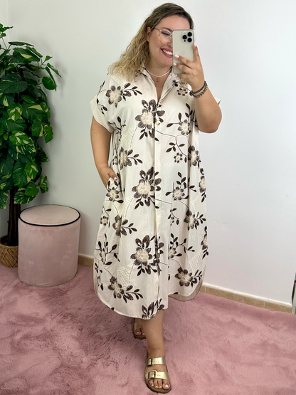 Vestido camiseiro bege com bordados castanhos