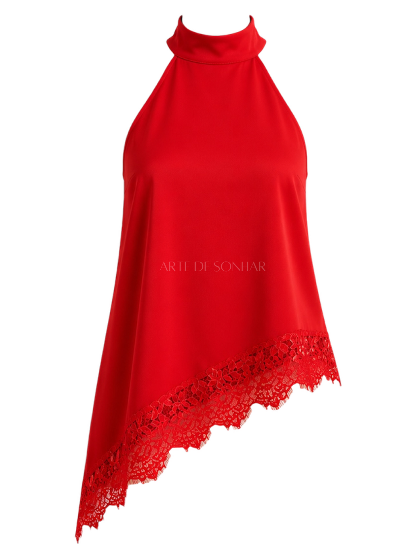 Top vermelho acetinado assimétrico com renda