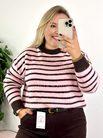 Camisola fofinha de riscas rosa e castanhas