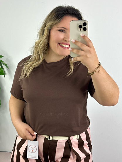 T-shirt de gola redonda castanha