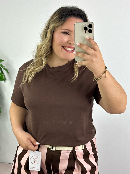 T-shirt de gola redonda castanha