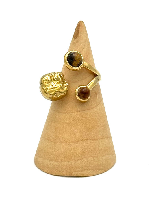 Anel com círculos e pedras de olho de tigre