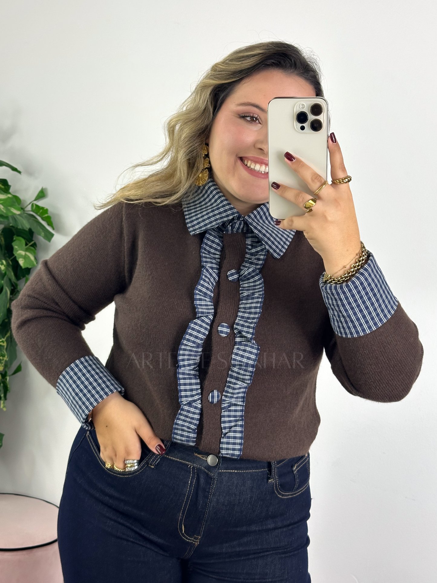 Casaco de malha diferenciado castanho