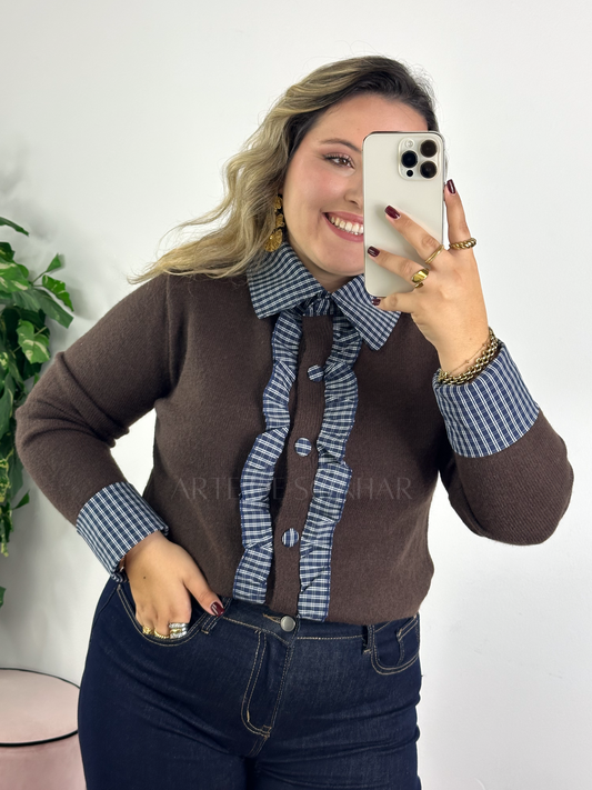 Casaco de malha diferenciado castanho