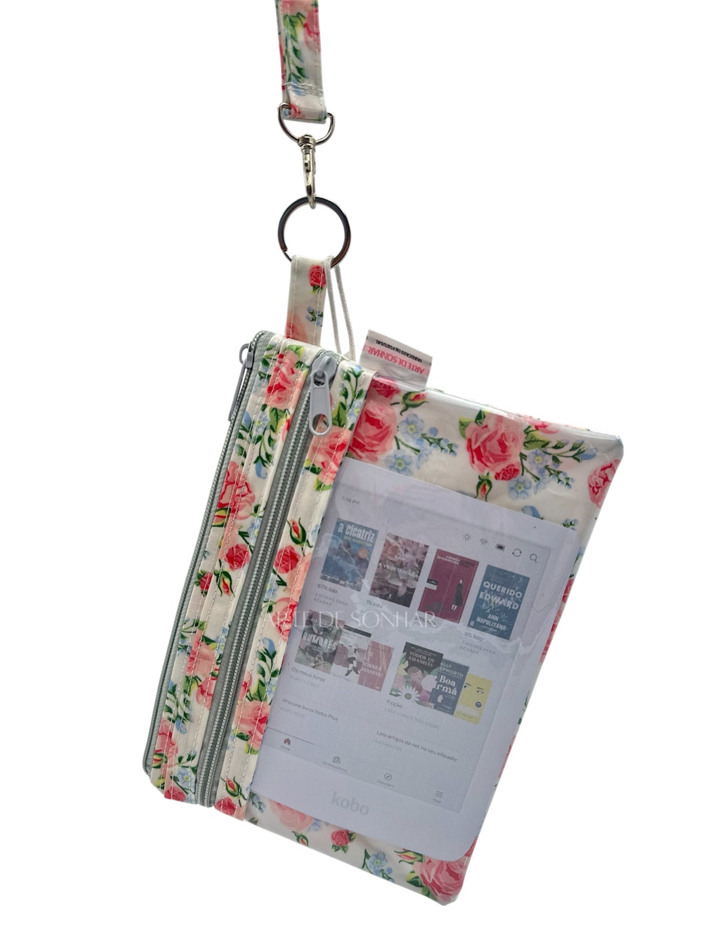 Bolsa de telemóvel/kobo de mão de flores rosa e azul tamanho L