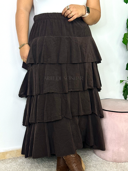 Saia de bombazine castanha com folhos