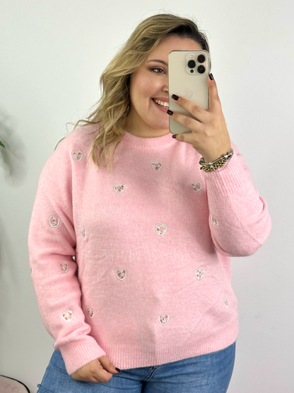 Camisola de malha rosa com corações e flores