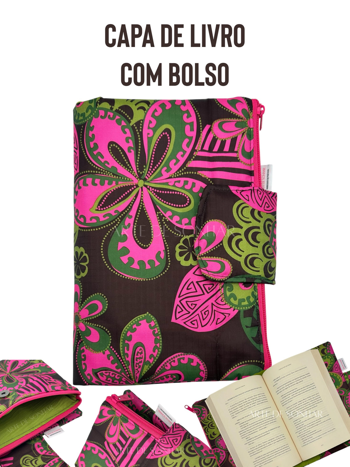 Capa de livro impermeável com bolso castanha com flores rosa