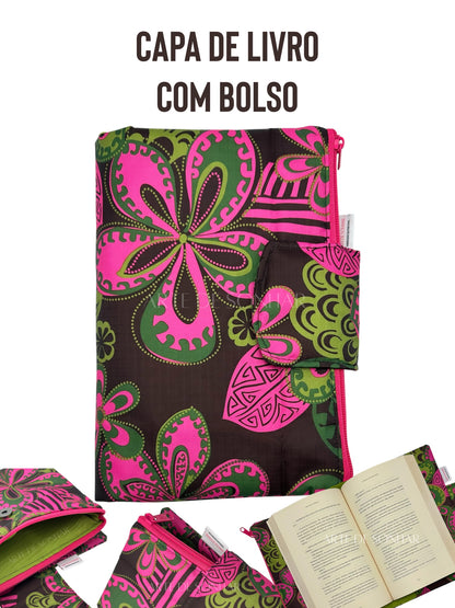 Capa de livro impermeável com bolso castanha com flores rosa